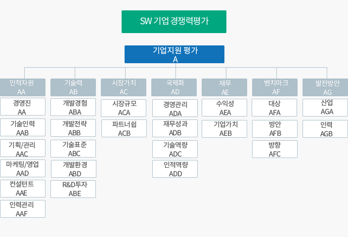 기업지원 ①인적지원 - 경영진,기술인력, 기획/관리,영업/마케팅, 컴설턴트, ②기술력 - 개발경험, 개발전략, 개발환경, R&D투자, ③ 시장가치-시장규모, 파트너쉽, ④국제화 - 경영관리, 재무성과, 기술역량, 인적역량, 국제인증, ⑤재무 - 수익성, ⑥벤치마크 - 대상, 방안, ⑦발전방향 - 산업, 인력, 고객만족도 ①제품만족도 - 사용편의성, 기능성, 적합성, ②서비스만족도 - 설치지원, 교육, 유지보수, 고개보호
